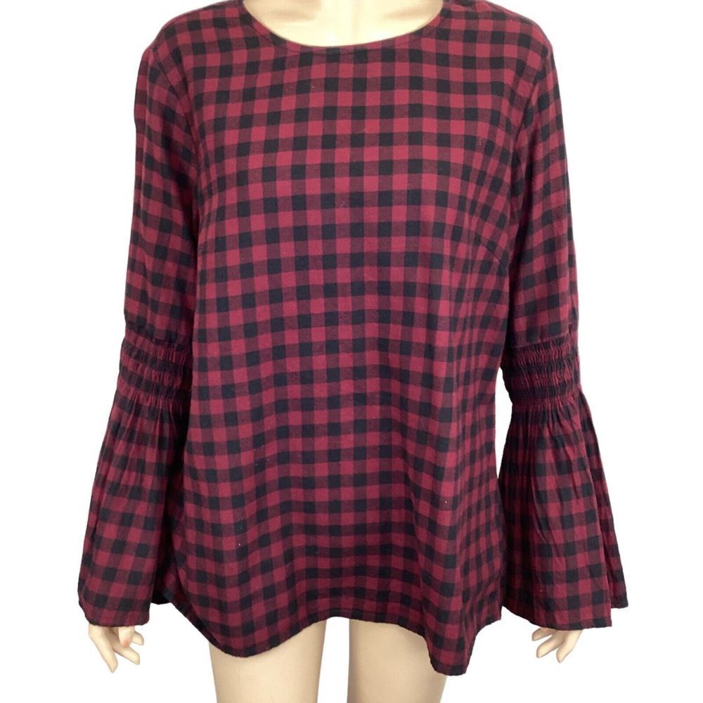 Beachlunchlounge maroon plaid buffalo plaid‎ long bell sleeve top size large